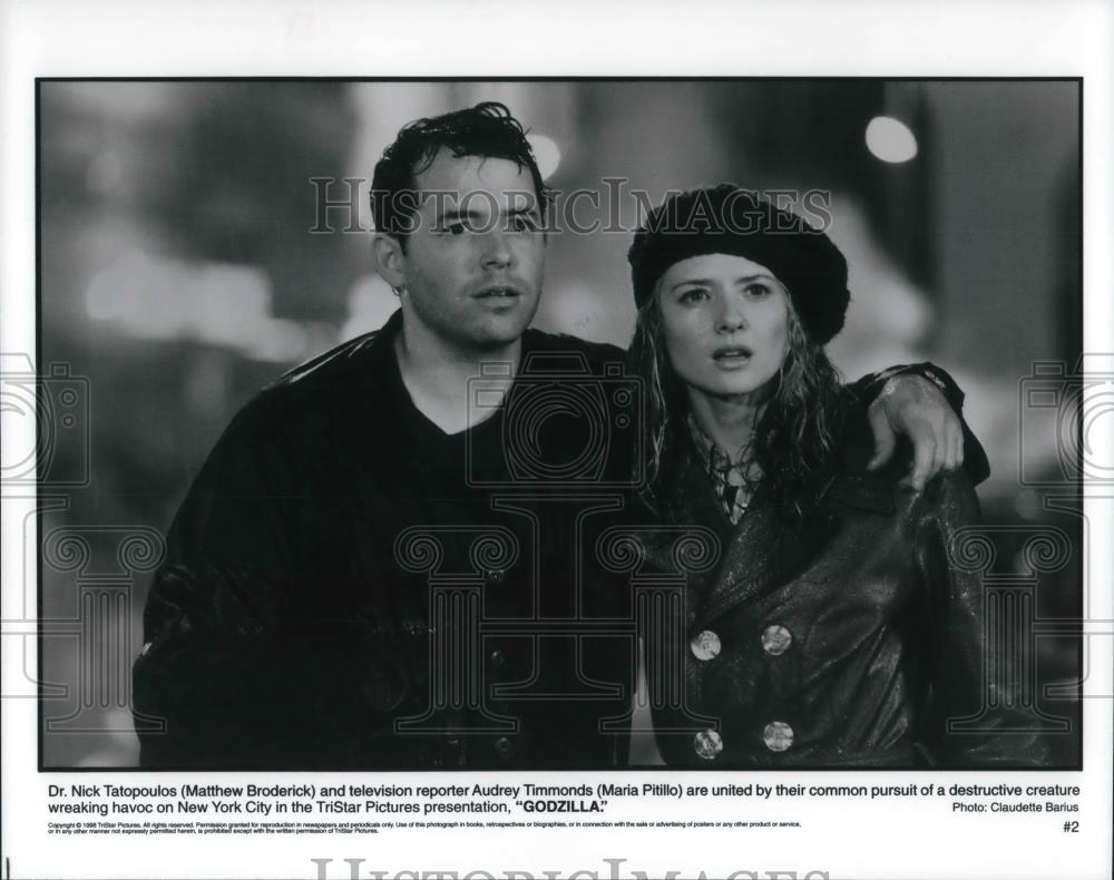 1996 Press Photo Matthew Broderick and Maria Pitillo star in Godzilla - Historic Images