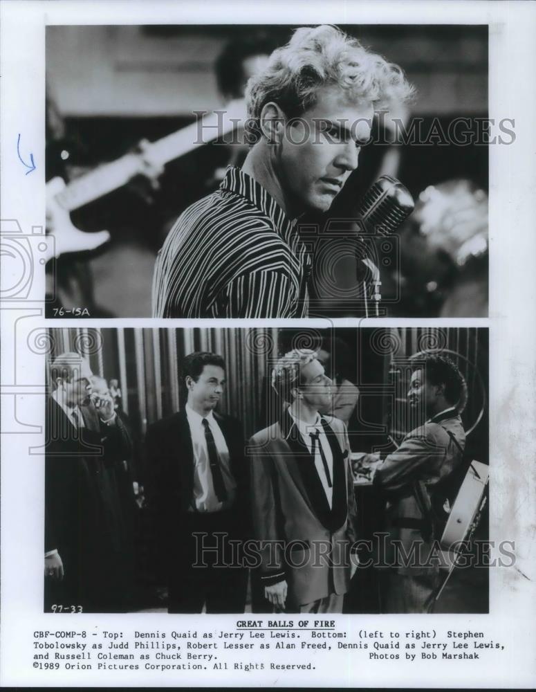 1989 Press Photo Dennis Quaid & Stephen Tobolowsky in Great Balls of Fire - Historic Images