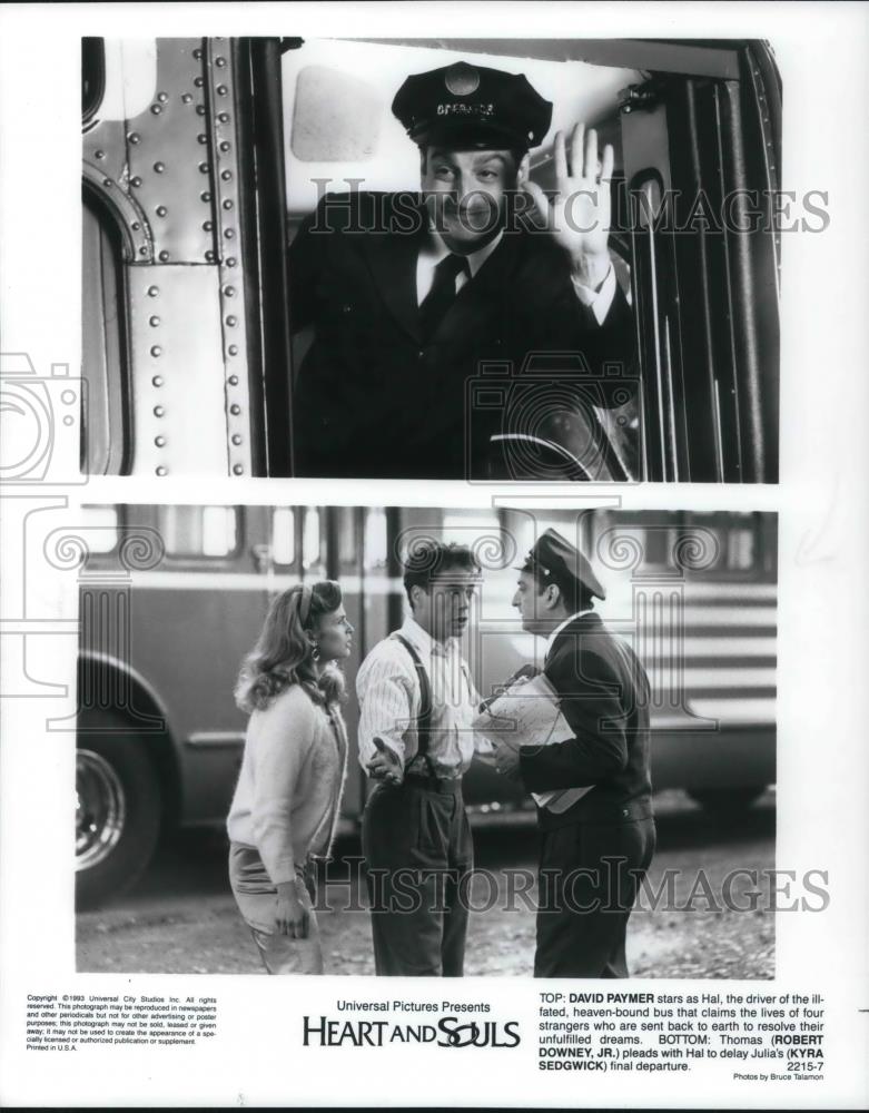1994 Press Photo David Oaymer, Robert Downey Jr, Kyra Sedwick in Heart & Soul - Historic Images