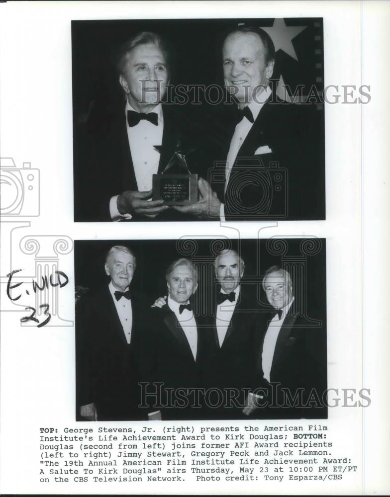 1991 Press Photo George Stevens Jr. Kirk Douglas Jimmy Stewart Gregory Peck - Historic Images