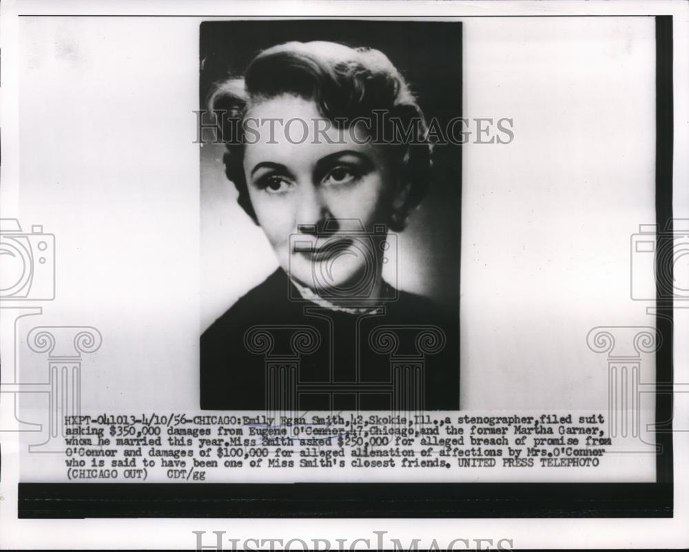 1956 Press Photo Emily Egan Smith, Skokie Illinois, Sued Ex-Fiancee for Damages - Historic Images