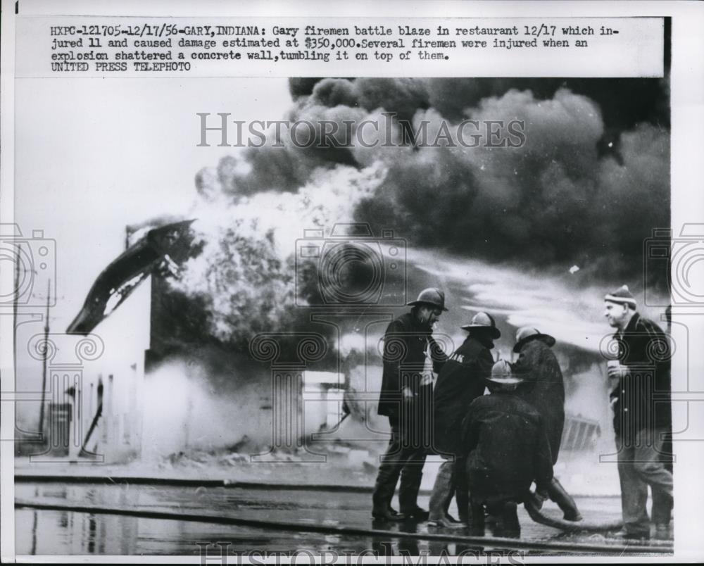 1956 Press Photo Gary Indiana Firemen Battle Fire In Restaurant Several Injured - Historic Images