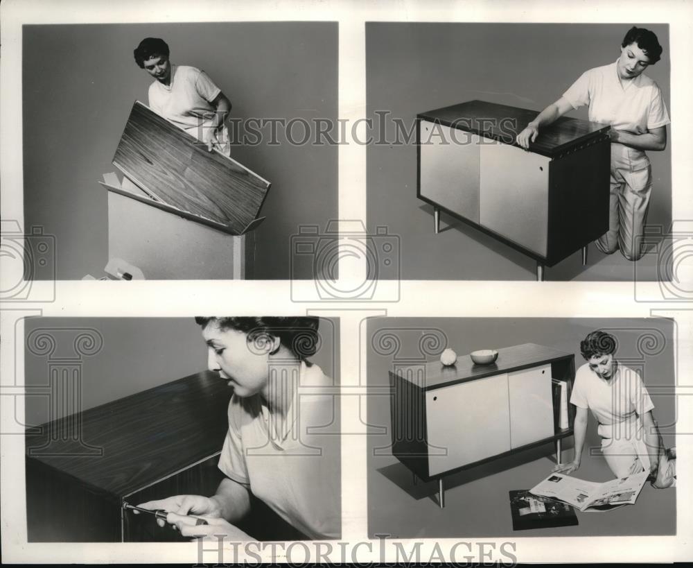 1958 Press Photo Assembly of K-D furniture by Show Off Inc of Jamestoen NY - Historic Images