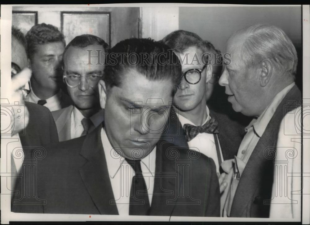 1957 Press Photo James Hoffa leaving a closed meeting of the Teamsters Union - Historic Images