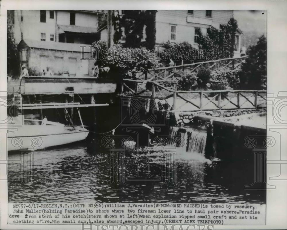 1951 Press Photo William J. Paradise was towed by rescuer John Muller - Historic Images