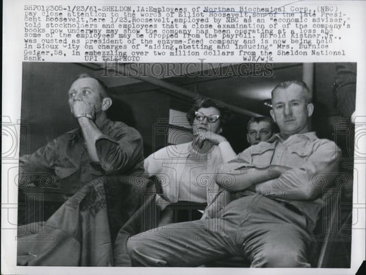 1961 Press Photo Northern Biochemical Corp. listens to Elliot Roosevelt's words - Historic Images
