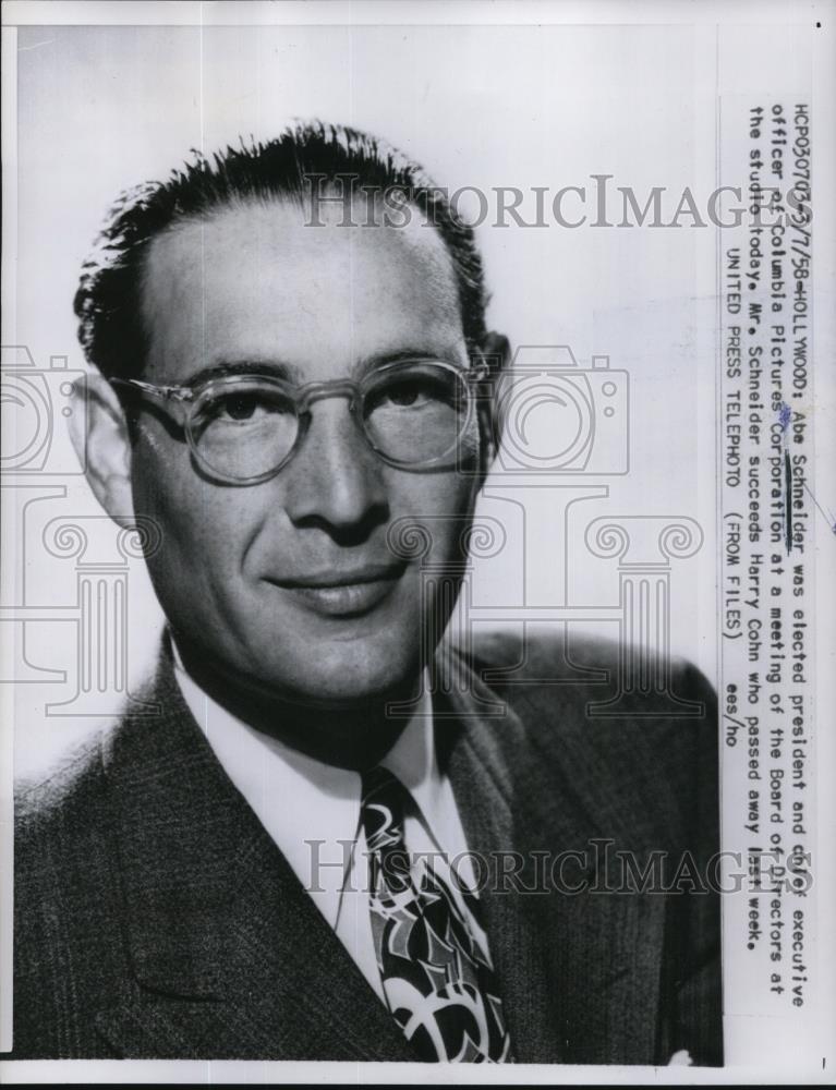 1958 Press Photo Abe Scneider, elected Pres. &amp; CEO of Columbia Pictures Corp. - Historic Images