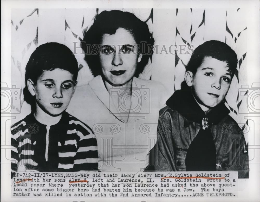 1949 Press Photo Mrs. E.Sylvia Goldstein with her sons Alan, 8 & Laurence II - Historic Images