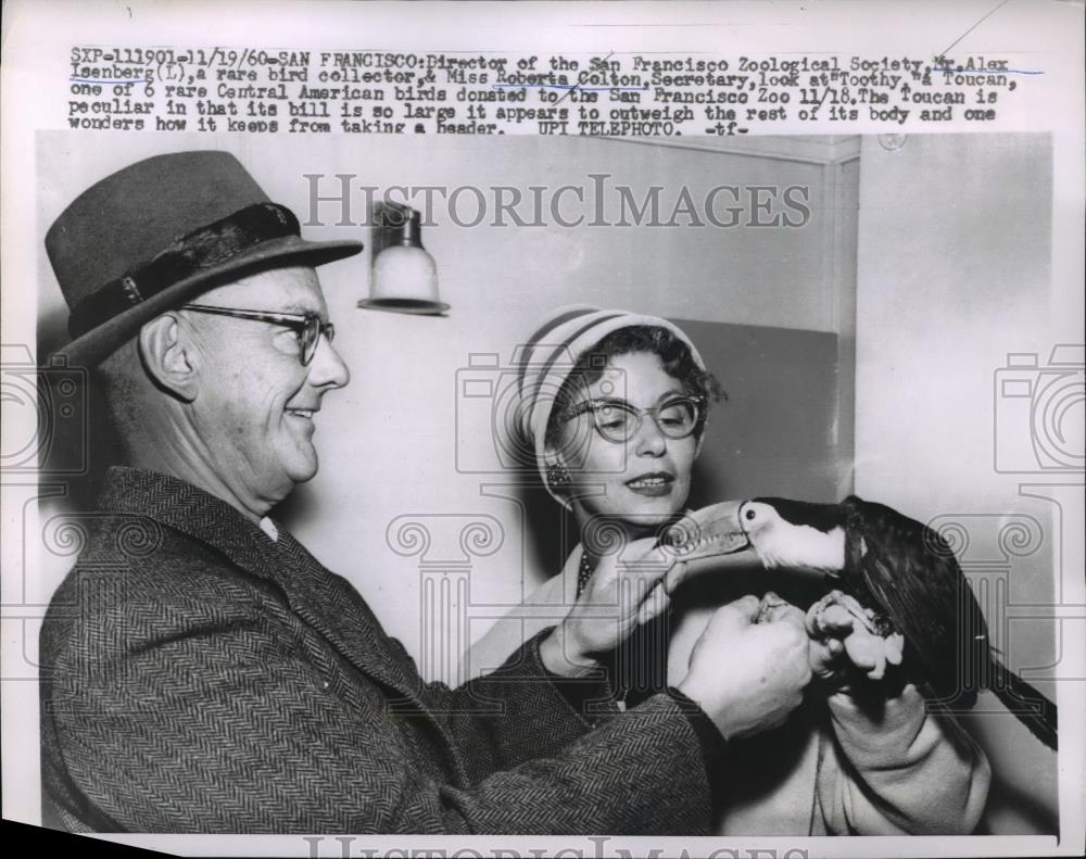 1960 Press Photo Alex Isenberg and Roberta Calton looking at a Tucan - Historic Images