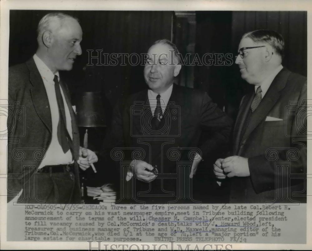 1955 Press Photo Chesser Campbell, Howard Wood, W.D. Maxwell Newspaper Men Meet - Historic Images