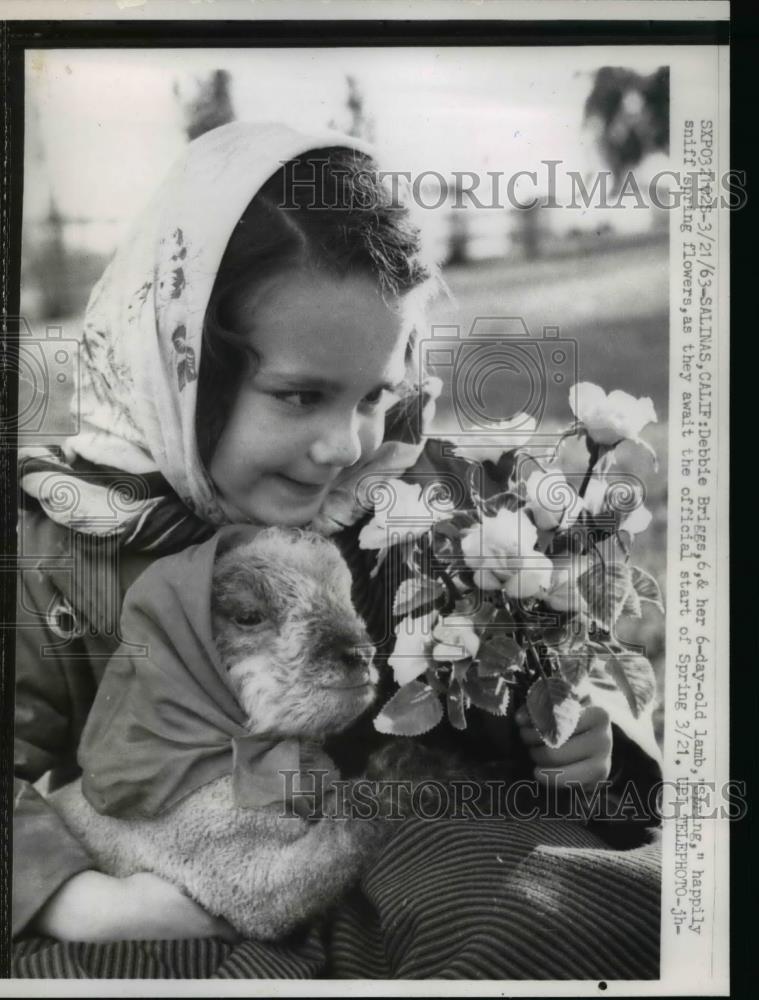 1963 Press Photo Debbie Briggs and her pet lamb sniffing spring flowers - Historic Images