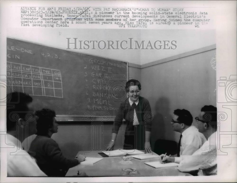 1963 Press Photo Nancy Tafel discuss development in General Electric&#39;s Comp Dept - Historic Images