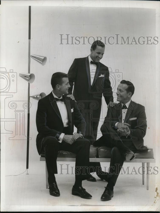 1959 Press Photo Black Ivy tuxedo, Shawl-collar in black & gray silk continental - Historic Images