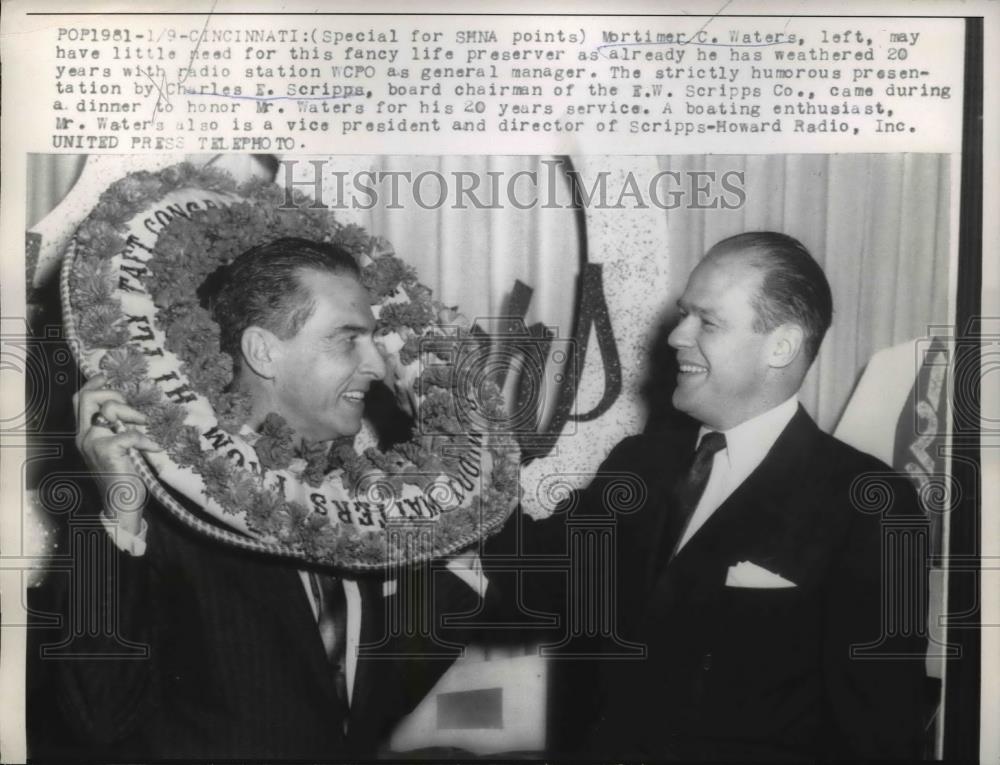 1958 Press Photo Mortimer C. Waters Wearing Life Preserver, Charles E. Scripps - Historic Images