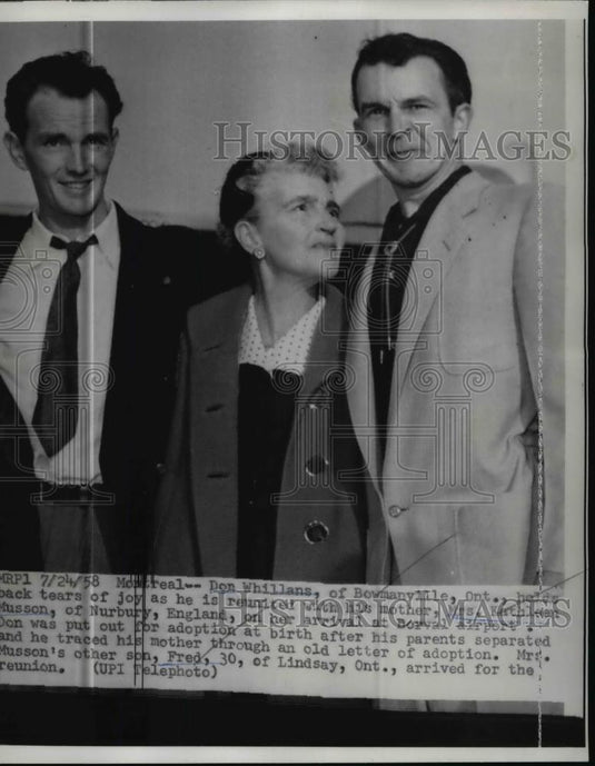 1958 Press Photo Montreal Don Whillana holds back tears of joy as he is reunited - Historic Images