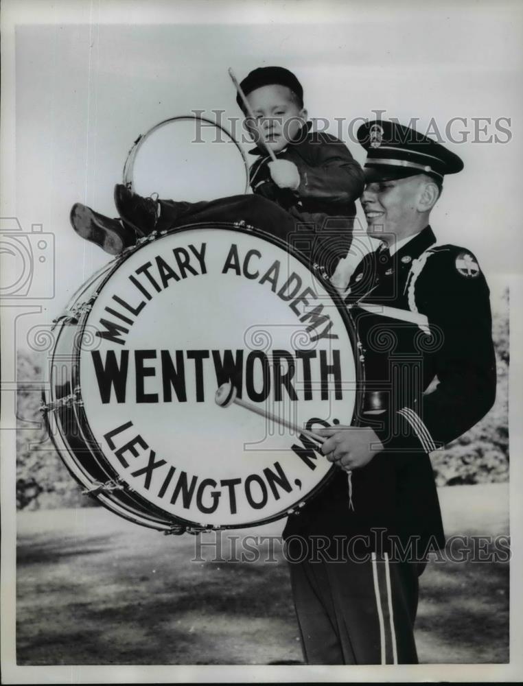 1957 Press Photo Toddler Drummer David Wikoff Atop Cadet Thomas Sherry&#39;s Drum - Historic Images