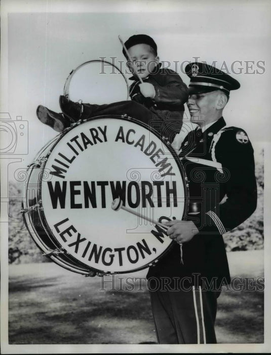 1957 Press Photo Toddler Drummer David Wikoff Atop Cadet Thomas Sherry's Drum - Historic Images