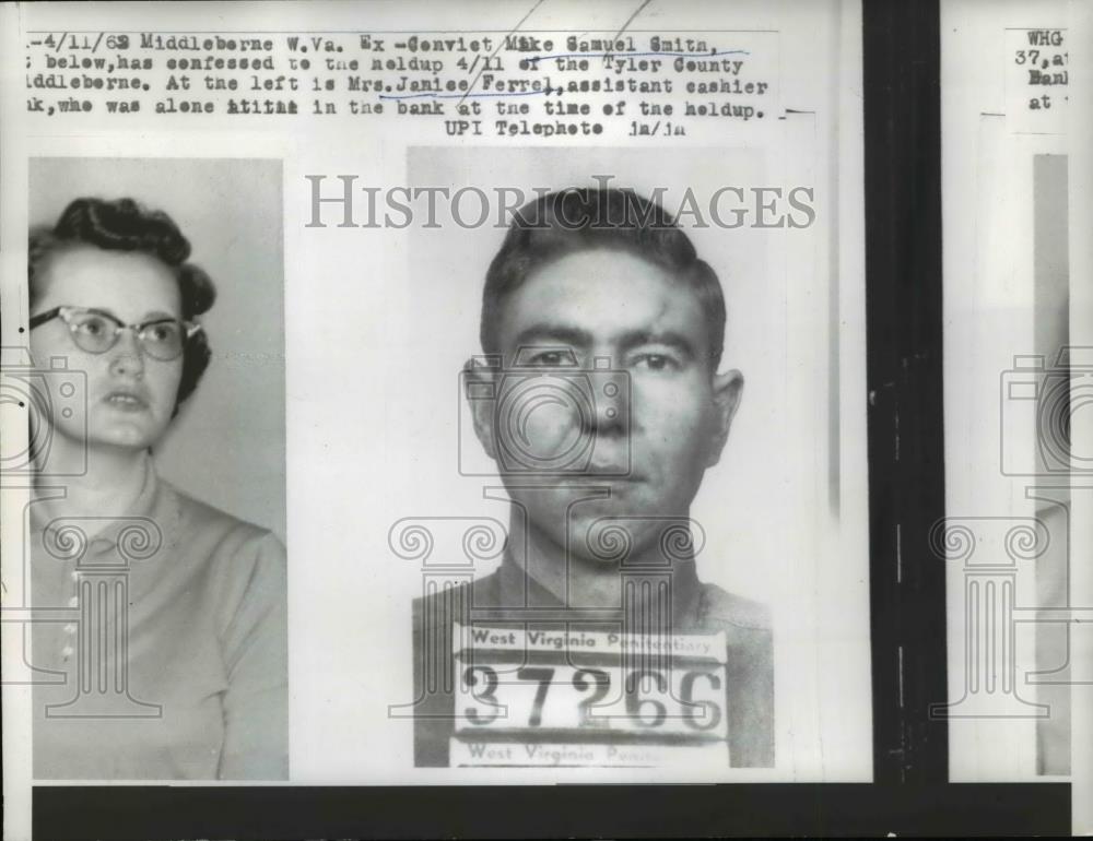 1962 Press Photo W Virginia Bank Robber Mike Samuel Smith, Cashier Janice Ferrel - Historic Images