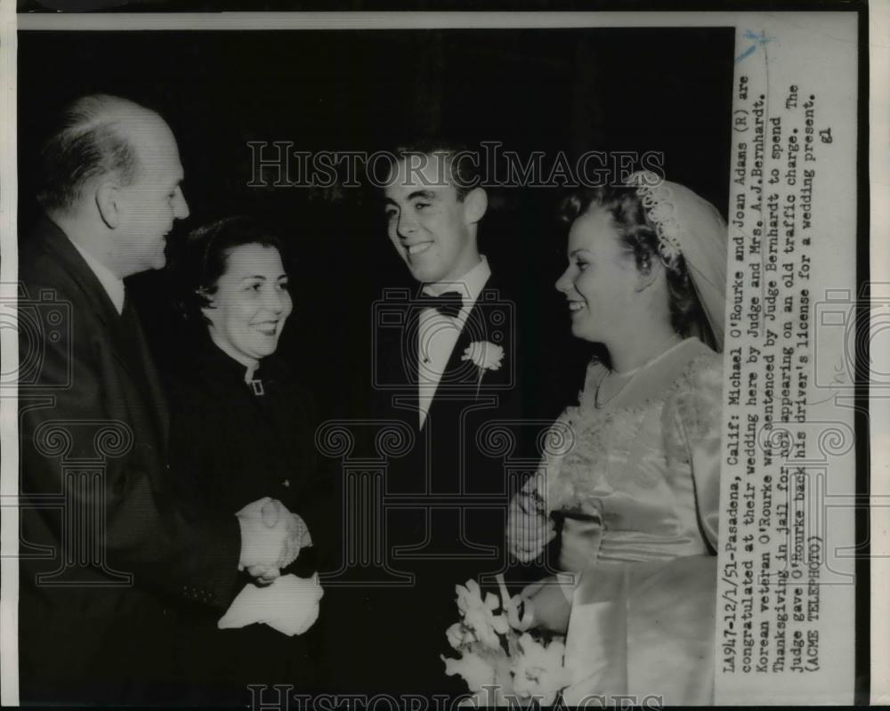 1951 Press Photo Michael O&#39;Rourke &amp; Joan Adams wedding by Judge &amp; Mrs Bernhardt - Historic Images