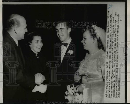 1951 Press Photo Michael O'Rourke & Joan Adams wedding by Judge & Mrs Bernhardt - Historic Images