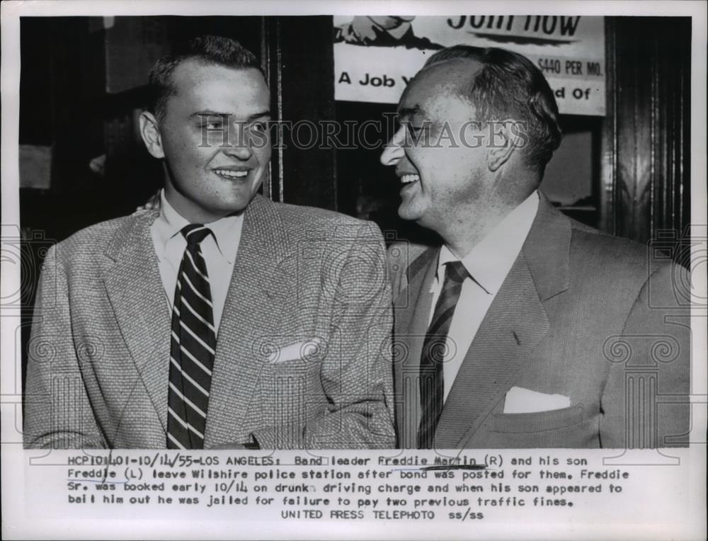 1955 Press Photo LA Calif Band leader Freddie Martin &amp; son Fred Jr released DUI - Historic Images