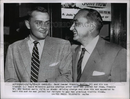 1955 Press Photo LA Calif Band leader Freddie Martin & son Fred Jr released DUI - Historic Images