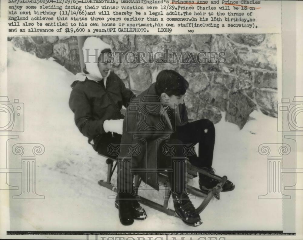 1965 Press Photo Princess Anne Prince Charles Bobsledding Lichtenstein Germany - Historic Images