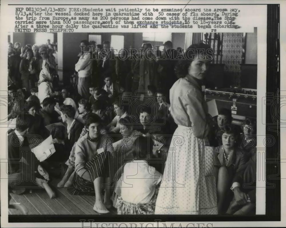 1957 Press Photo Exchange students aboard Aros Sky vessel under quarantine - Historic Images