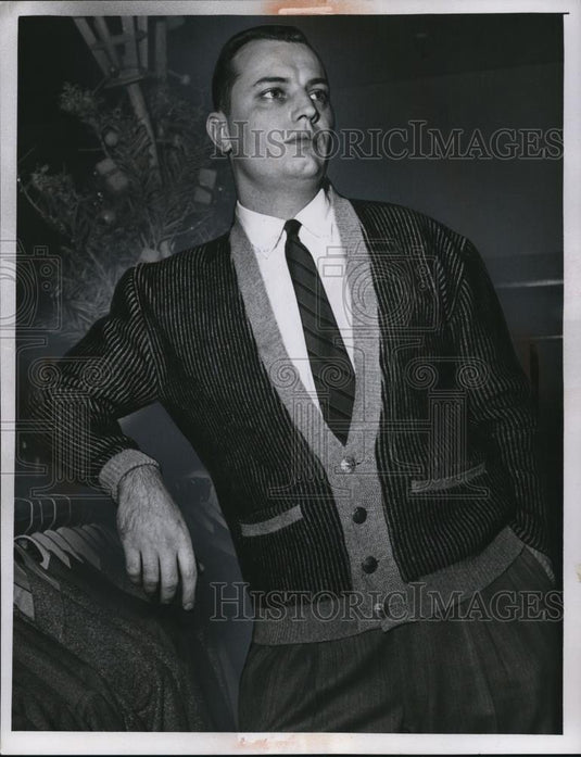 1956 Press Photo Striped washable sports cardigan for men from Higbees - Historic Images