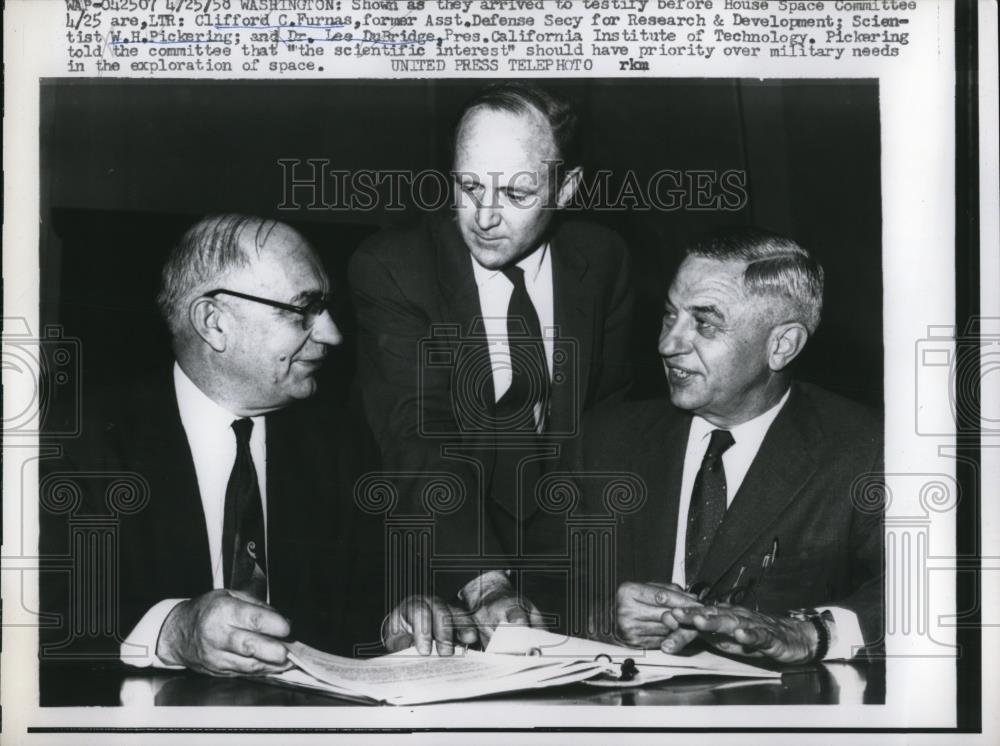 1958 Press Photo Clifford Furnas, W.H. Pickering and Dr. lee DuBridge - Historic Images