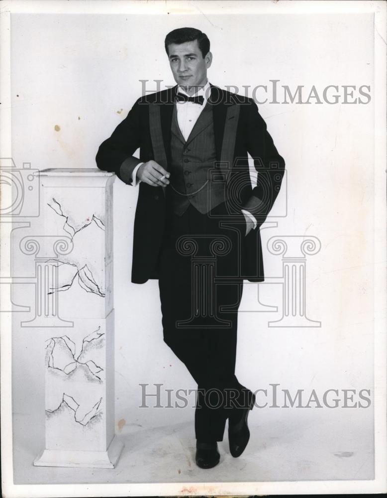 1957 Press Photo Burgundy Jaacket Cocktail suit with red silk cuffs. - Historic Images