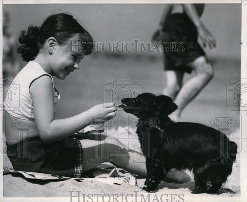 1953 Press Photo Bobby Gibbs Feeds Ice Cream to Pet Dog on Chicago Beach - Historic Images