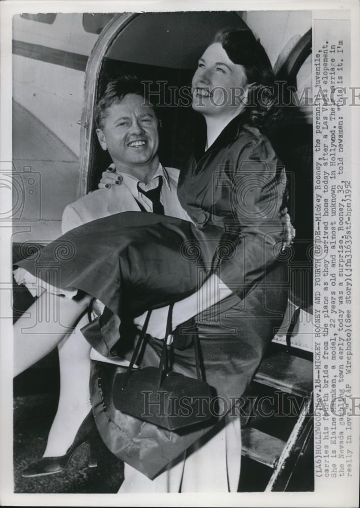 1952 Press Photo Mikey Rooney with his 4th bride Elaine Mannken - Historic Images