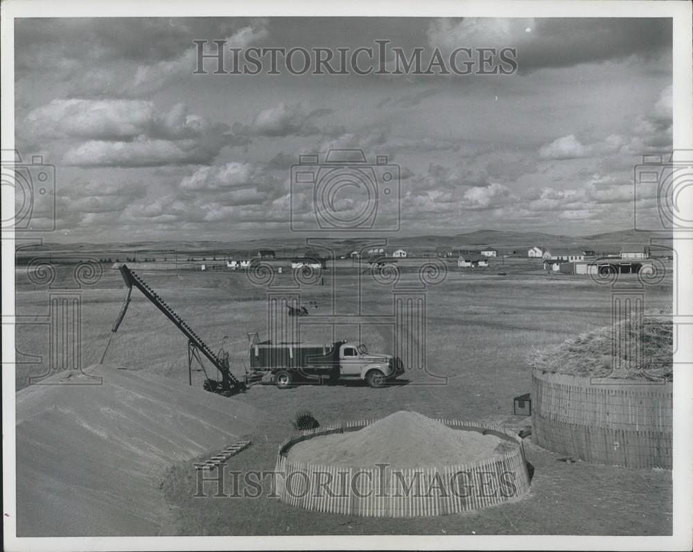 Press Photo Truck Unloads Surplus Wheat Storage Pile Co-Op Farm Canada - Historic Images