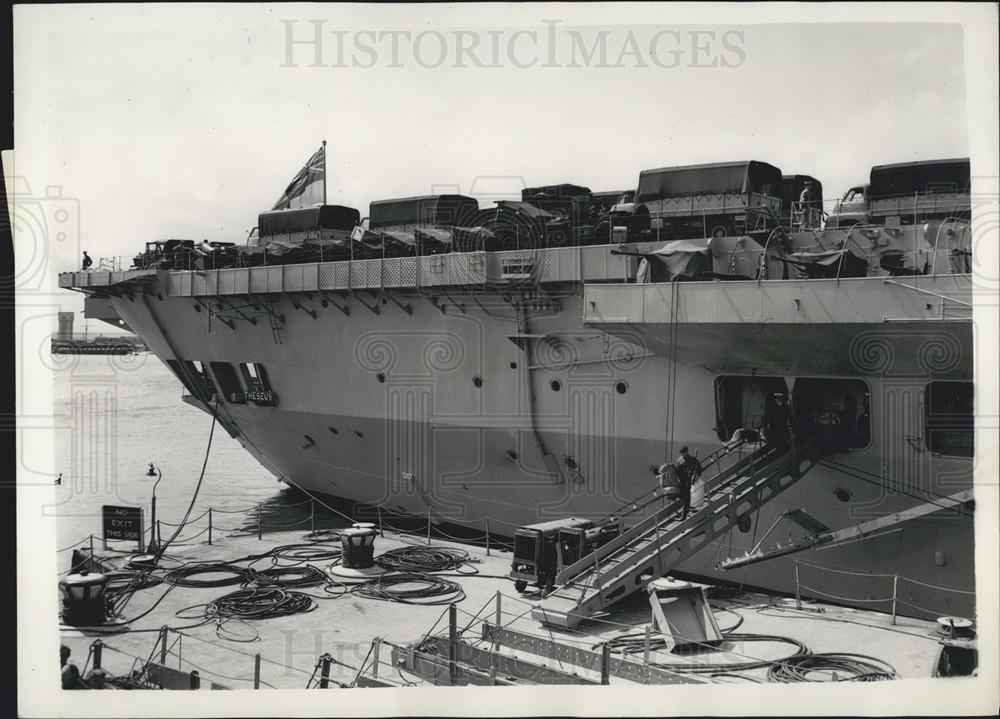 1956 Press Photo Aircraft Carrier Theseus Prepares to Sail to the Middle East - Historic Images