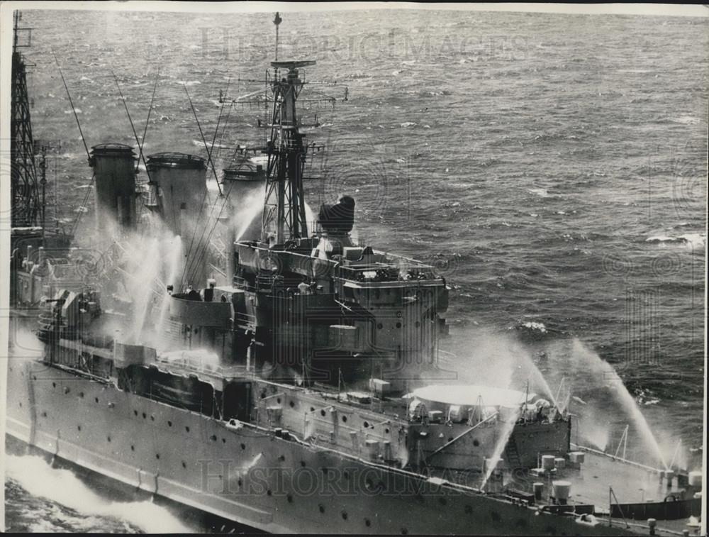 1954 Press Photo ÃƒÂ¢Ã¢Â¬Ã…Pre-wettingÃƒÂ¢Ã¢Â¬Ã‚Â trials in HMS Cumberland - Historic Images