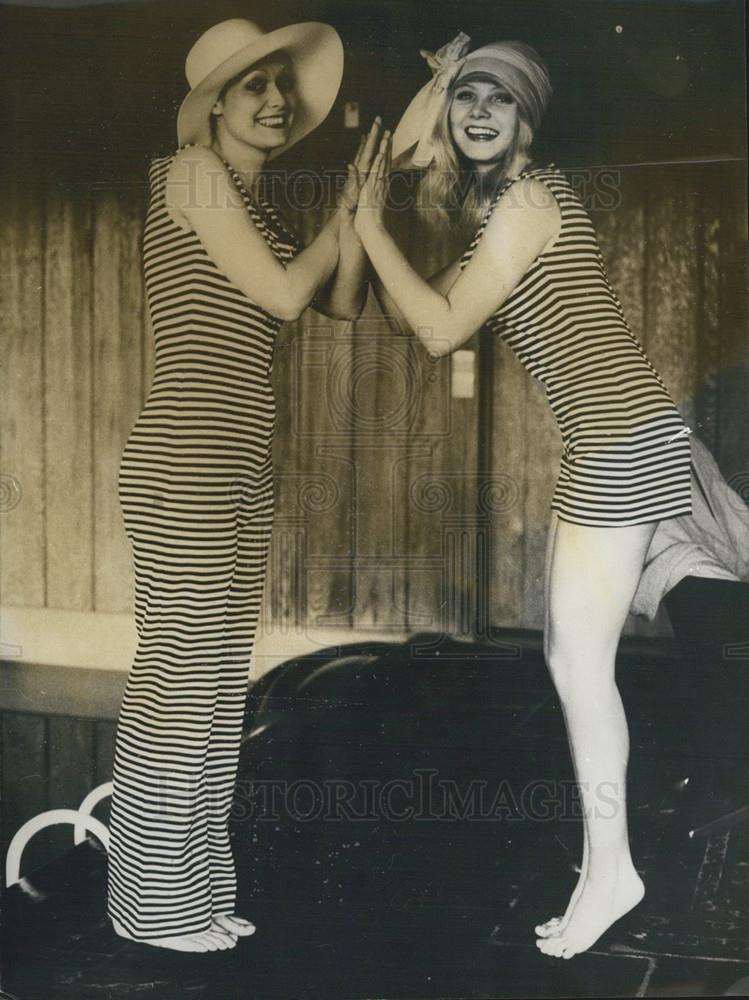 Press Photo Stripey beachwear fashions - Historic Images