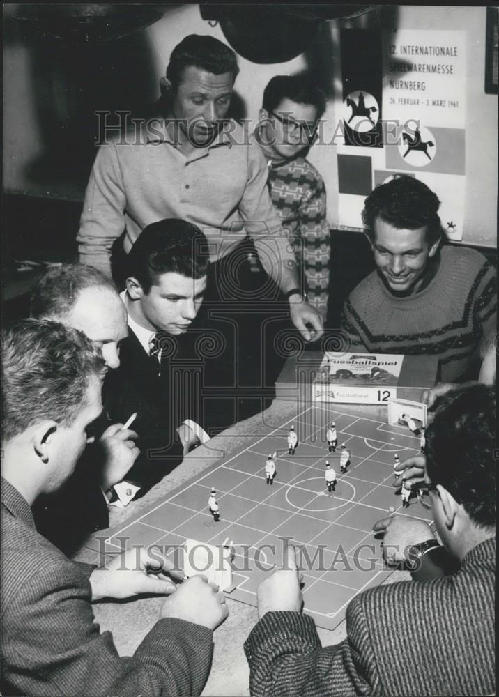 1961 Press Photo Nuremberg Toy Fair Table Football Game Display - Historic Images