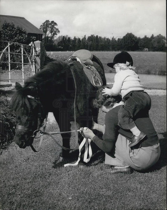 Press Photo Karen Gets a "Neck-Up" on to Johnny Her Shetland Pony - Historic Images