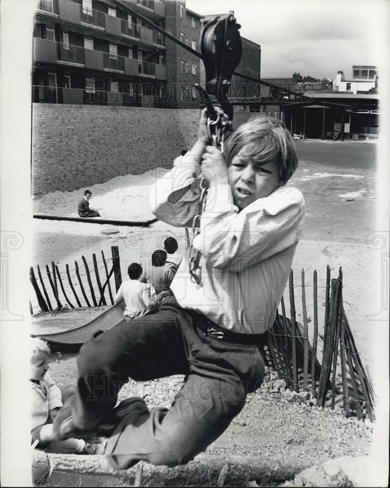 1963 Press Photo Boy Swinging On Rope Adventure Playground London St Pancras - Historic Images