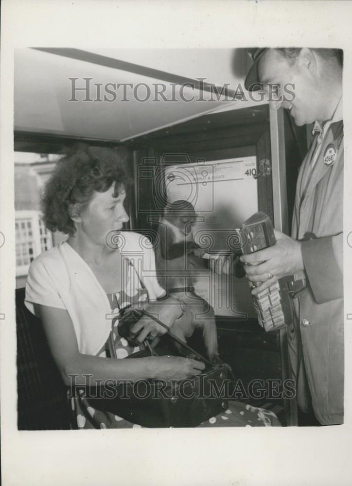 Press Photo Mickey the Rhesus monkey,and owner Mrs. W. Goodsall on the bus - Historic Images