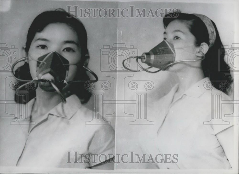 1958 Press Photo Radio, Public Speakers, Hear Yourself Speak Mask - Historic Images