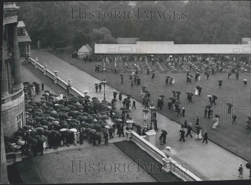 1956 Press Photo Guests Use Umbrellas Rain Garden Buckingham Palace Party - Historic Images