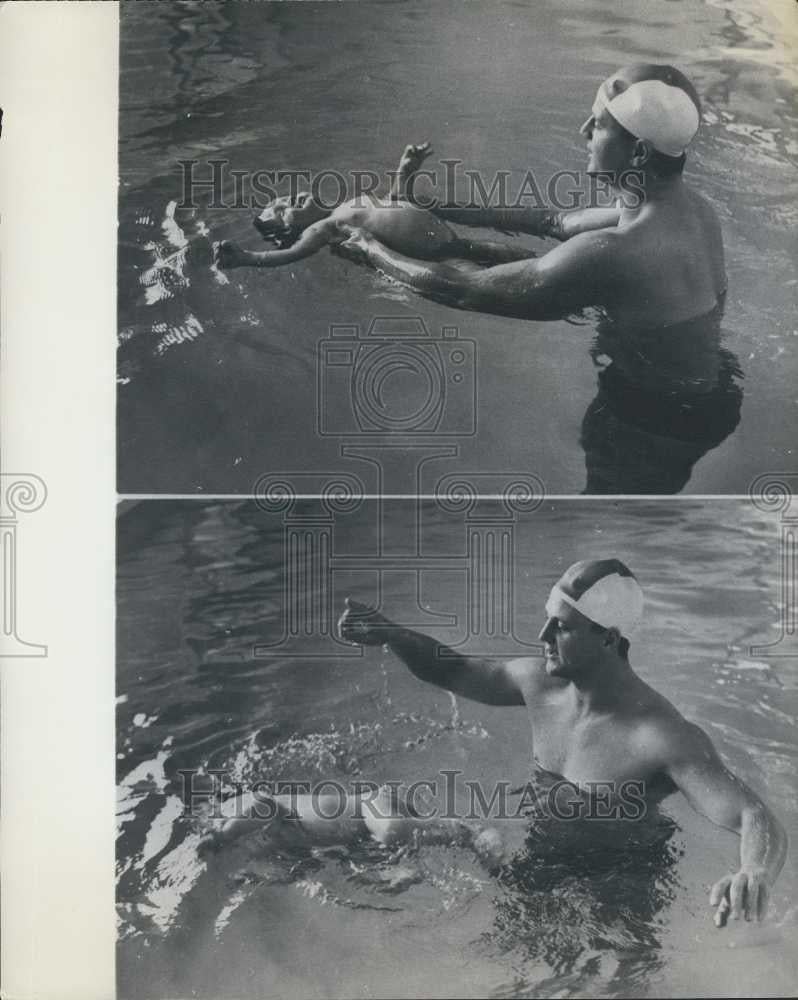 1967 Press Photo Heinz Baumeister Gives Swimming Lessons To 11 Month Old Boy - Historic Images