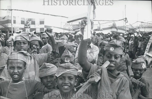 Press Photo Addis Ababa Ethopia Children Training Rally With Wood Guns - Historic Images