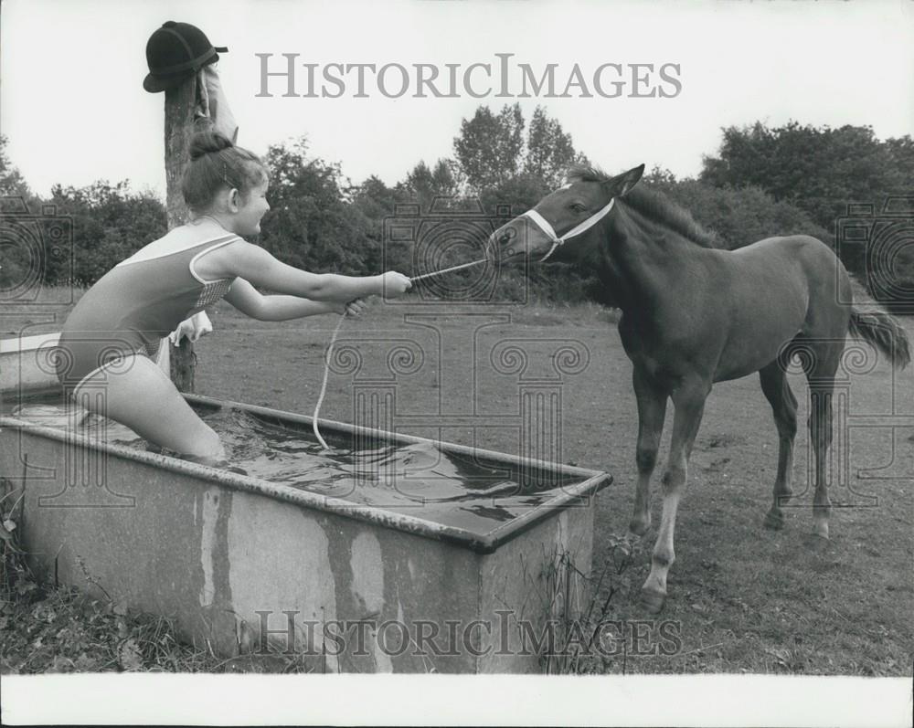 Press Photo Woman Trying to Scrub Her Reluctant Pony - Historic Images