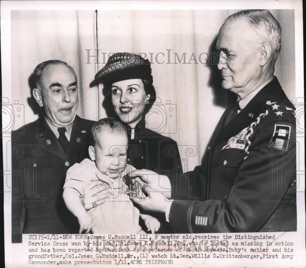 1951 Press Photo NY, James Ruddell III gets dad&#39;s Distingushed Service Cross - Historic Images