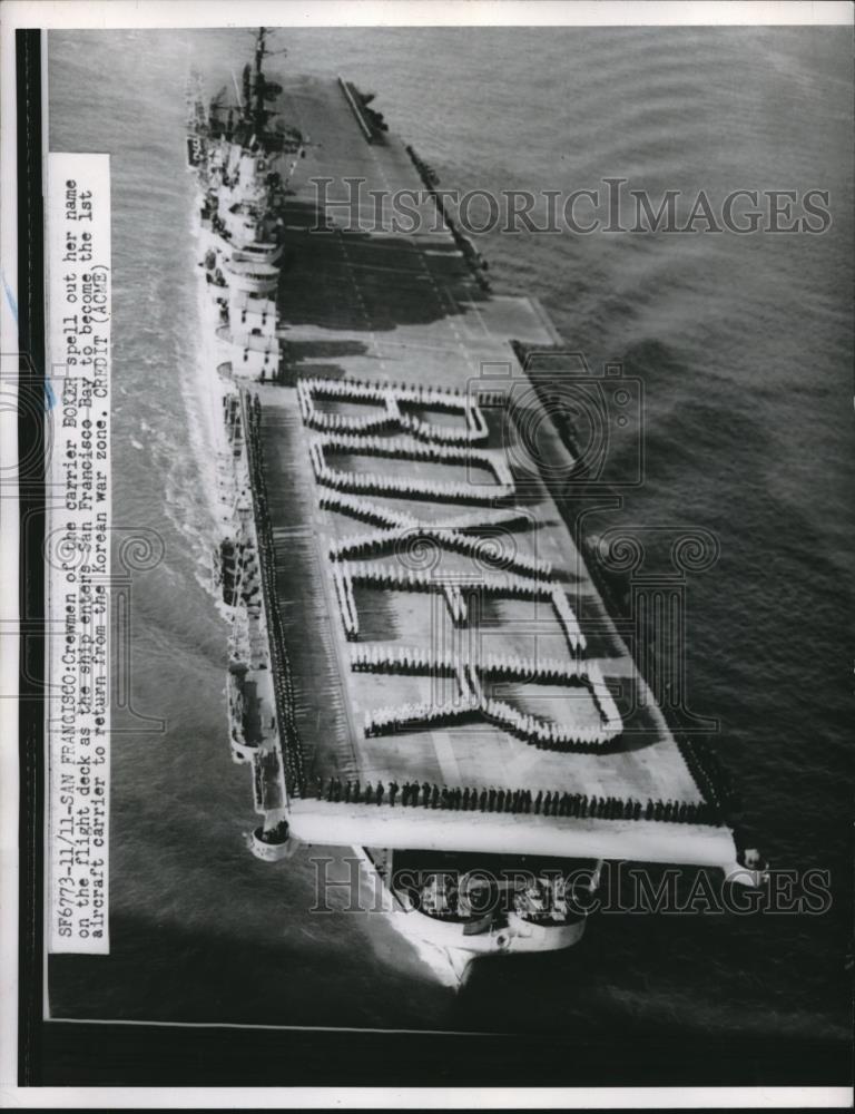 1950 Press Photo Crewmen of carrier Boxer spell out name on flight deck - Historic Images