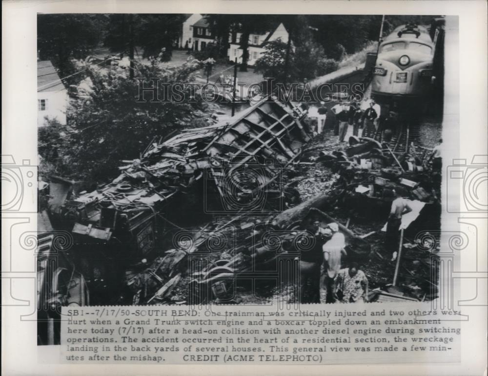 1950 Press Photo Head-on collision at South Bend,trainman critically injured - Historic Images