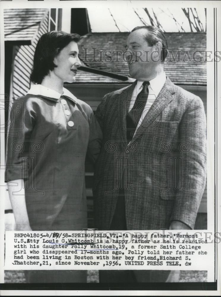 1958 Press Photo Louis G. Whitcomb reunited with this daughter Polly Whitcomb - Historic Images